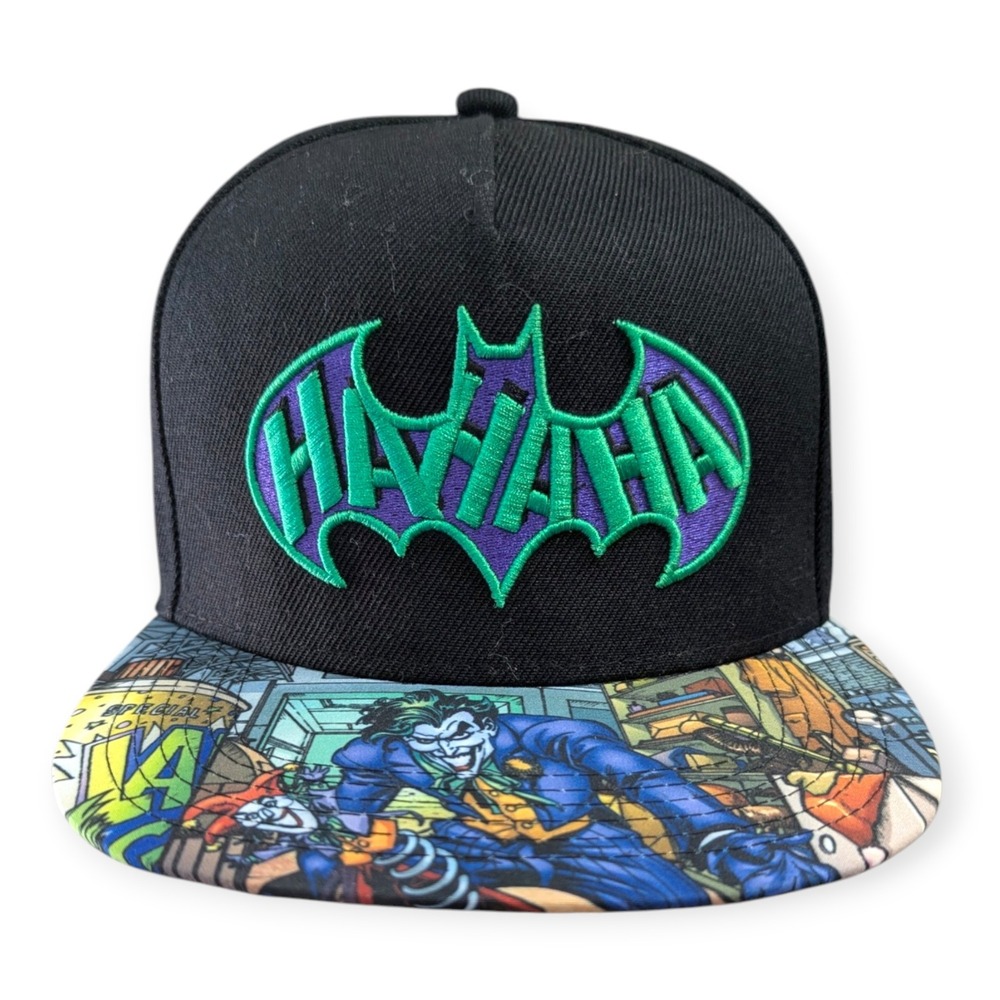 DC Comics Joker Snapback Hat Black HAHAHA Bat Logo Graphic Brim Mens Cap